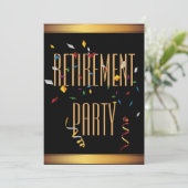 Elegantes Black & Gold Confetti Retirement Party Einladung (Stehend Vorderseite)