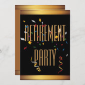 Elegantes Black & Gold Confetti Retirement Party Einladung (Vorne/Hinten)