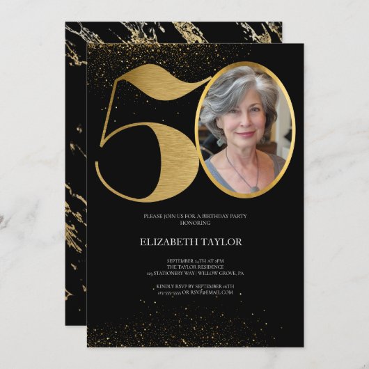 Elegantes Black Gold Custom Foto 50. Geburtstag Einladung (Vorne/Hinten)
