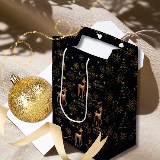 Elegantes Black & Gold Deer Custom Weihnachten Mittlere Geschenktüte