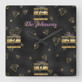Elegantes Black & Gold Diamond Design Quadratische Wanduhr (Vorderseite)