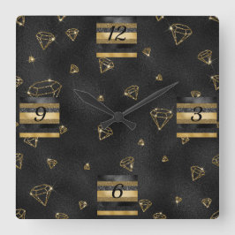 Elegantes Black & Gold Diamond Design Quadratische Wanduhr