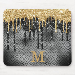Elegantes Black Gold Dripping Glitzer Monogram Mousepad