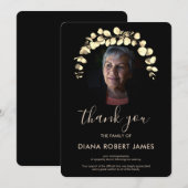 Elegantes Black Gold Eucalyptus Foto Beileid Dankeskarte (Vorne/Hinten)