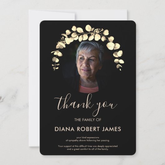 Elegantes Black Gold Eucalyptus Foto Beileid Dankeskarte (Vorderseite)