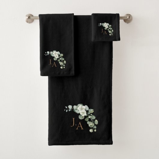Elegantes Black & Gold Eukalyptus Foliage Monogram Badhandtuch Set (Insitu)