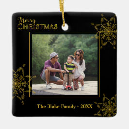 Elegantes Black Gold Family Foto Frohe Weihnachten Keramikornament