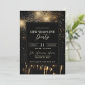 Elegantes Black Gold Feuerwerk Silvester Party Einladung (Stehend Vorderseite)