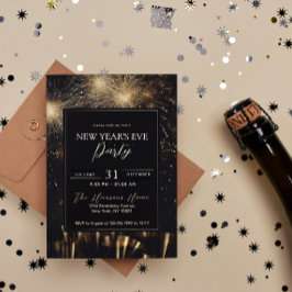 Elegantes Black Gold Feuerwerk Silvester Party Einladung