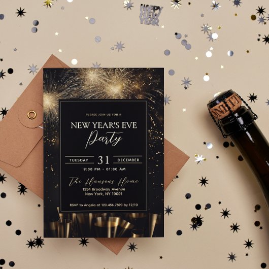 Elegantes Black Gold Feuerwerk Silvester Party Einladung
