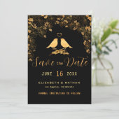 Elegantes Black & Gold Floral Birds Custom Foto Save The Date (Stehend Vorderseite)