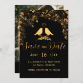 Elegantes Black & Gold Floral Birds Custom Foto Save The Date (Vorne/Hinten)