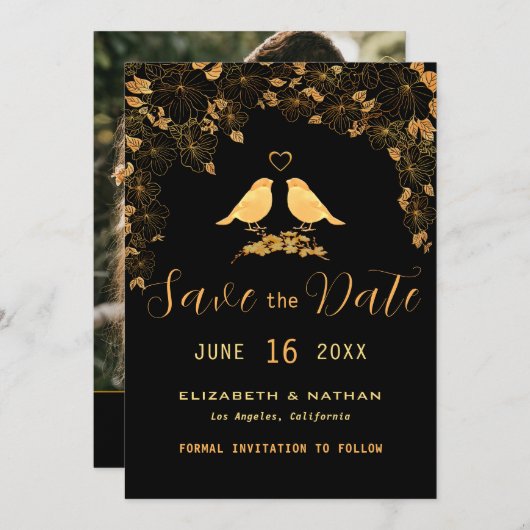 Elegantes Black & Gold Floral Birds Custom Foto Save The Date (Vorne/Hinten)
