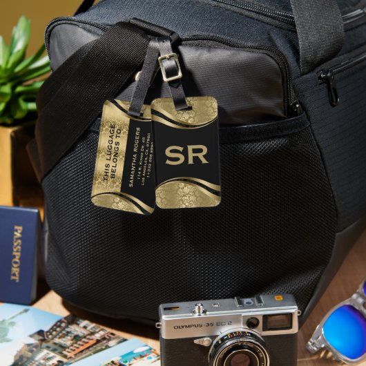 Elegantes Black & Gold Floral Damaskus Muster 2 Lu Gepäckanhänger (Vorderseite & Rückseite)