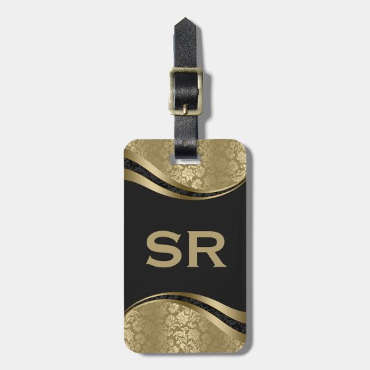 Elegantes Black & Gold Floral Damaskus Muster 2 Lu Gepäckanhänger (Vorderseite vertikal)