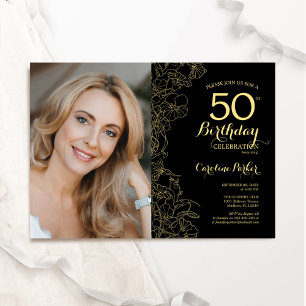 Elegantes Black Gold Floral Foto 50. Geburtstag Einladung