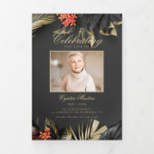 Elegantes Black Gold Floral Foto Beerdigung Progra Dreifach Gefaltete Einladung (Cover)