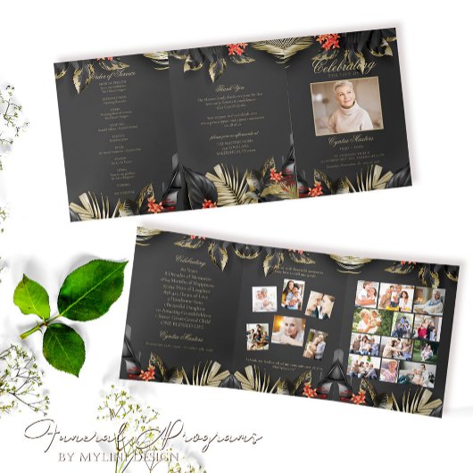 Elegantes Black Gold Floral Foto Beerdigung Progra Dreifach Gefaltete Einladung