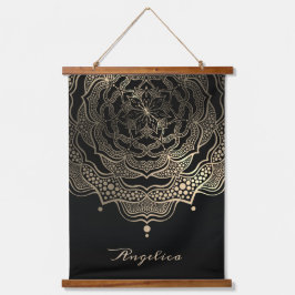 Elegantes Black & Gold Floral Mandala Personalisie Wandteppich Mit Holzrahmen