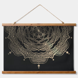 Elegantes Black & Gold Floral Mandala Yoga Wandteppich Mit Holzrahmen