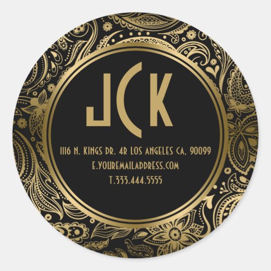 Elegantes Black & Gold Floral Paisley Muster Runder Aufkleber (Vorderseite)