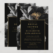 Elegantes Black Gold Floral QR Code Brautparty Einladung (Vorne/Hinten)