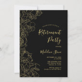 Elegantes Black Gold Floral Retirement Party Einladung (Vorderseite)