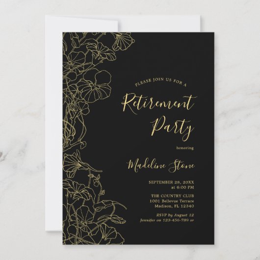 Elegantes Black Gold Floral Retirement Party Einladung (Vorderseite)