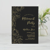 Elegantes Black Gold Floral Retirement Party Einladung (Stehend Vorderseite)