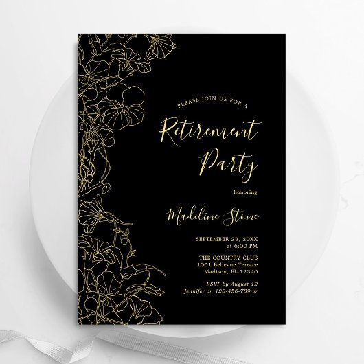 Elegantes Black Gold Floral Retirement Party Einladung