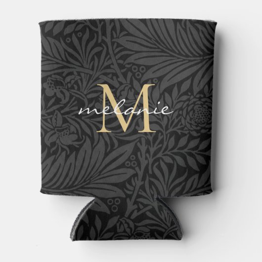 Elegantes Black Gold Floral Script Monogram Dosenkühler (Vorderseite)