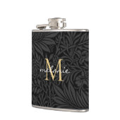 Elegantes Black Gold Floral Script Monogram Flachmann (Links)