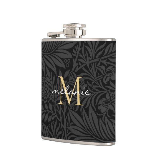 Elegantes Black Gold Floral Script Monogram Flachmann (Links)