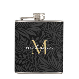Elegantes Black Gold Floral Script Monogram Flachmann