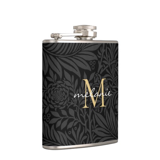 Elegantes Black Gold Floral Script Monogram Flachmann (Rechts)