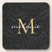 Elegantes Black Gold Floral Script Monogram Getränkeuntersetzer (Vorderseite)