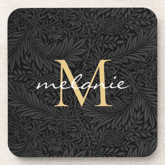 Elegantes Black Gold Floral Script Monogram Getränkeuntersetzer (Vorderseite)