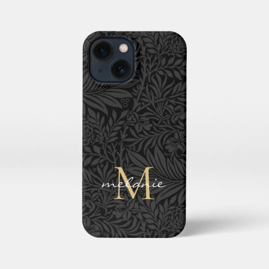 Elegantes Black Gold Floral Script Monogram iPhone Hülle (Rückseite)