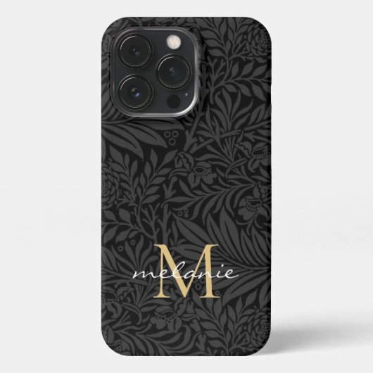 Elegantes Black Gold Floral Script Monogram iPhone Hülle (Rückseite)