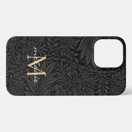 Elegantes Black Gold Floral Script Monogram iPhone Hülle (Rückseite (Horizontal))