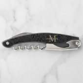 Elegantes Black Gold Floral Script Monogram Kellnermesser (Rückseite)