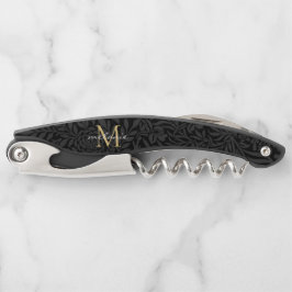 Elegantes Black Gold Floral Script Monogram Kellnermesser