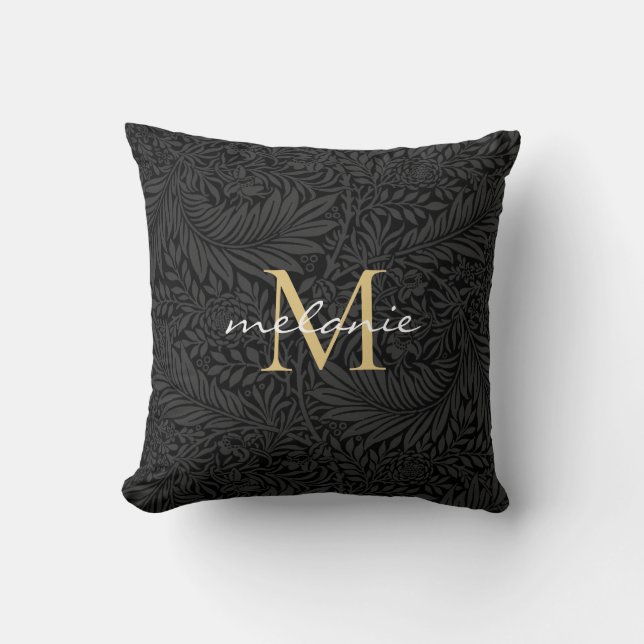Elegantes Black Gold Floral Script Monogram Kissen (Vorderseite)