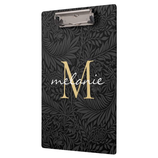 Elegantes Black Gold Floral Script Monogram Klemmbrett (Links)