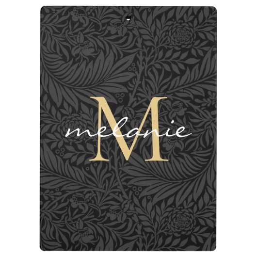 Elegantes Black Gold Floral Script Monogram Klemmbrett (Rückseite)