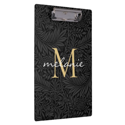 Elegantes Black Gold Floral Script Monogram Klemmbrett (Rechts)