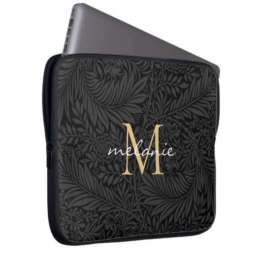 Elegantes Black Gold Floral Script Monogram Laptopschutzhülle (Vorne Rechts)