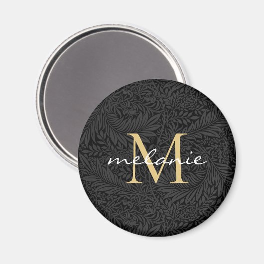 Elegantes Black Gold Floral Script Monogram Magnet (Vorderseite/Rückseite)