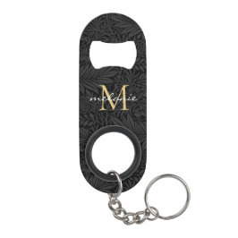 Elegantes Black Gold Floral Script Monogram Mini Flaschenöffner