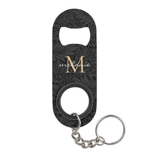 Elegantes Black Gold Floral Script Monogram Mini Flaschenöffner (Rückseite)